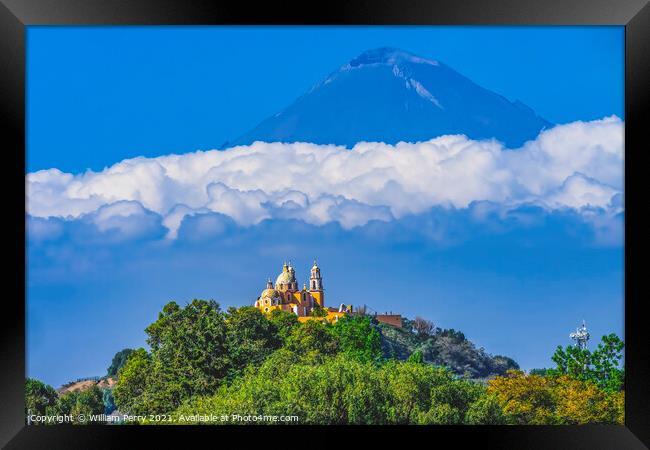 Colorful Yellow Our Lady of Remedies Church Volcano Popocatepetl Framed Print by William Perry