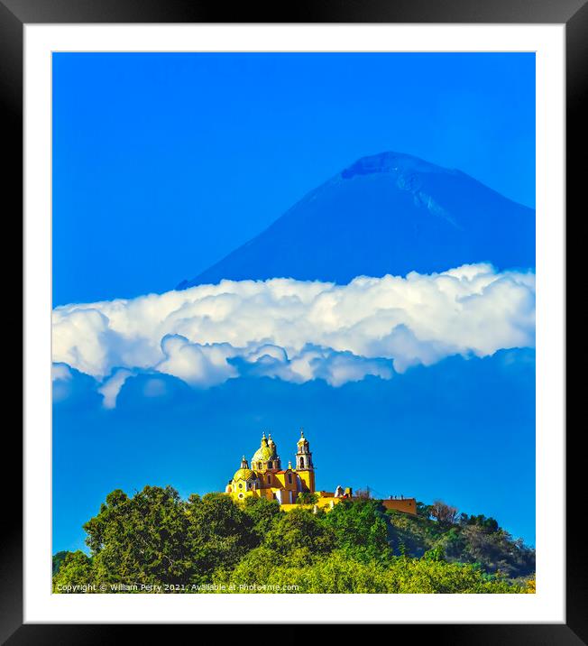 Colorful Yellow Our Lady of Remedies Church Volcano Cholulu Mexi Framed Mounted Print by William Perry
