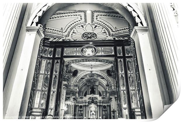 Black White Front Door Our Lady Remedies Church Cholula Mexico Print by William Perry