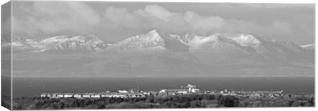 Troon and the and wintry mountains on Isle of Arra Canvas Print by Allan Durward Photography