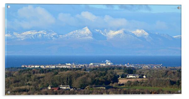 Winter snow on Arran with Troon in the foreground Acrylic by Allan Durward Photography