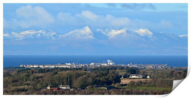 Winter snow on Arran with Troon in the foreground Print by Allan Durward Photography