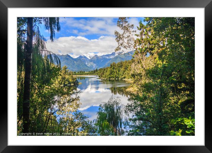 View over Lake Matheson with Mount Cook in the bac Framed Mounted Print by Kevin Hellon