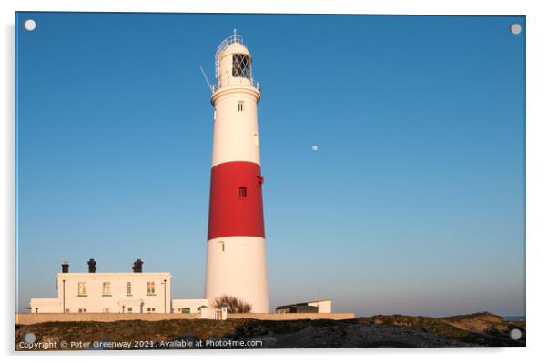 The Moon Behind The Iconic Lighthouse At Portland Bill, Dorset At Sunset Acrylic by Peter Greenway