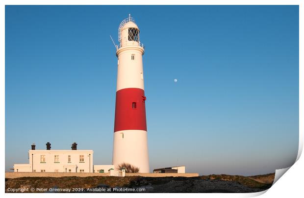 The Moon Behind The Iconic Lighthouse At Portland Bill, Dorset At Sunset Print by Peter Greenway