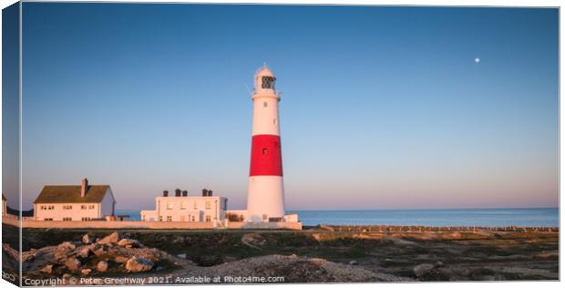Moonrise At The Iconic Candy Striped Lighthouse At Portland Bill, Dorset Canvas Print by Peter Greenway