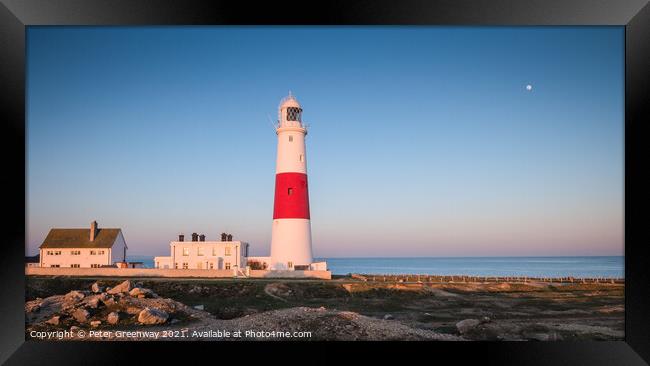 Moonrise At The Iconic Candy Striped Lighthouse At Portland Bill, Dorset Framed Print by Peter Greenway