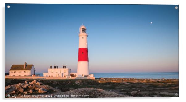Moonrise At The Iconic Candy Striped Lighthouse At Portland Bill, Dorset Acrylic by Peter Greenway