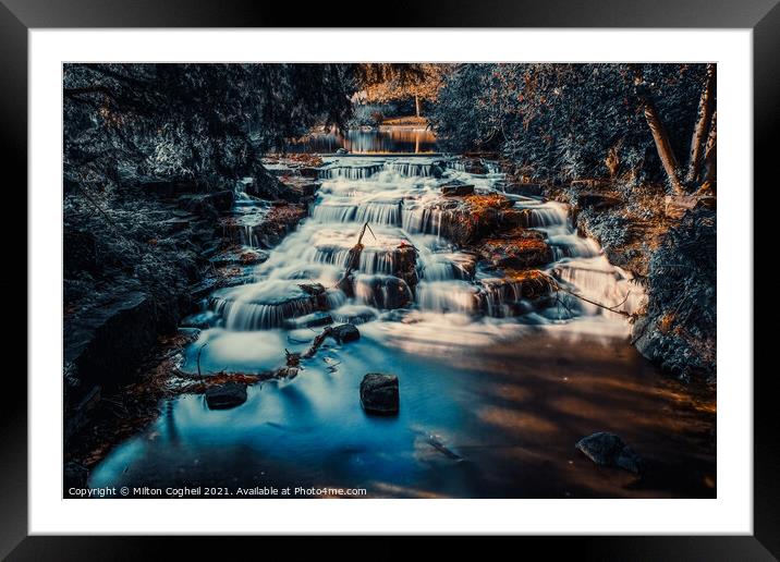 Long exposure of Carshalton Ponds Waterfall - Autumnal tones Framed Mounted Print by Milton Cogheil