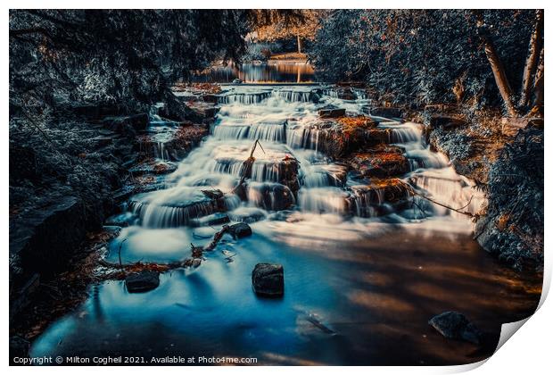 Long exposure of Carshalton Ponds Waterfall - Autumnal tones Print by Milton Cogheil
