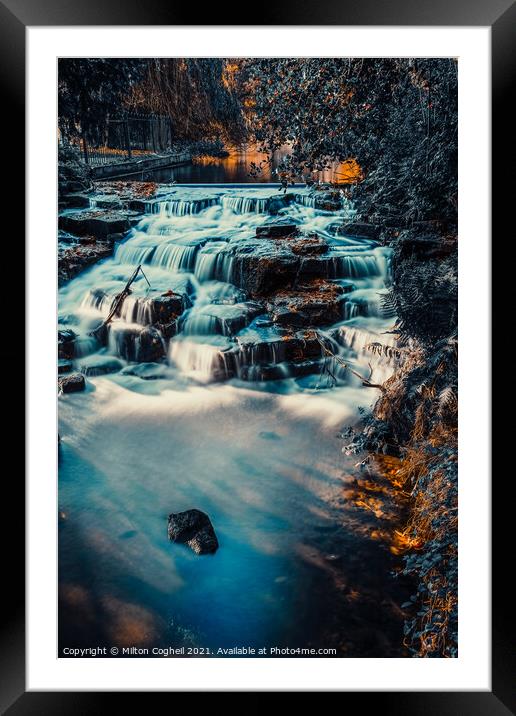 Long exposure of Carshalton Ponds Waterfall in Autumnal tones - Portrait Framed Mounted Print by Milton Cogheil