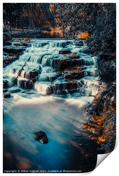 Long exposure of Carshalton Ponds Waterfall in Autumnal tones - Portrait Print by Milton Cogheil