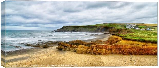 Widemouth Bay under cloudy skies Canvas Print by Chris Drabble