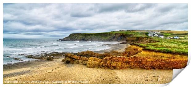 Widemouth Bay under cloudy skies Print by Chris Drabble