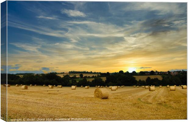 Hay bales and English countryside sunset Canvas Print by Stuart Chard