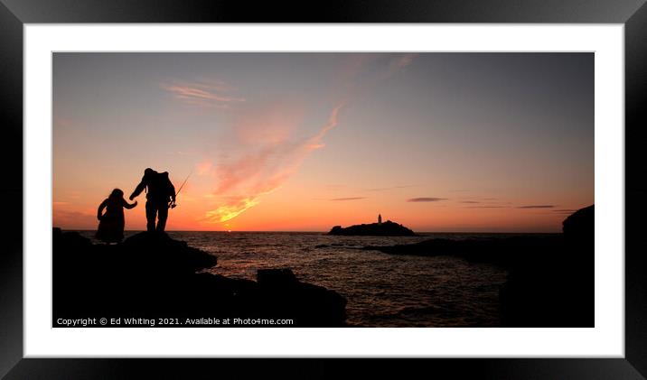 Fisherman in Godrevy lighthouse sunset Framed Mounted Print by Ed Whiting