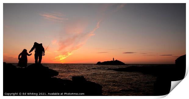 Fisherman in Godrevy lighthouse sunset Print by Ed Whiting