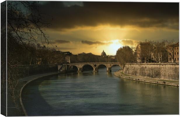 River Tiber in Rome at sunset Canvas Print by Travel and Pixels 