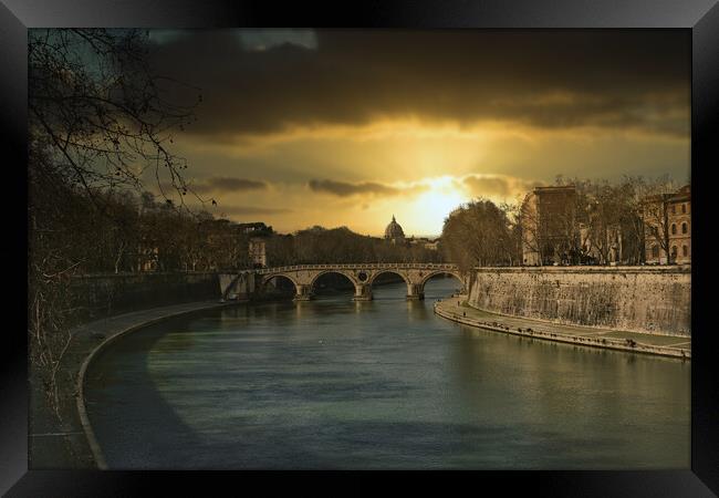 River Tiber in Rome at sunset Framed Print by Travel and Pixels 