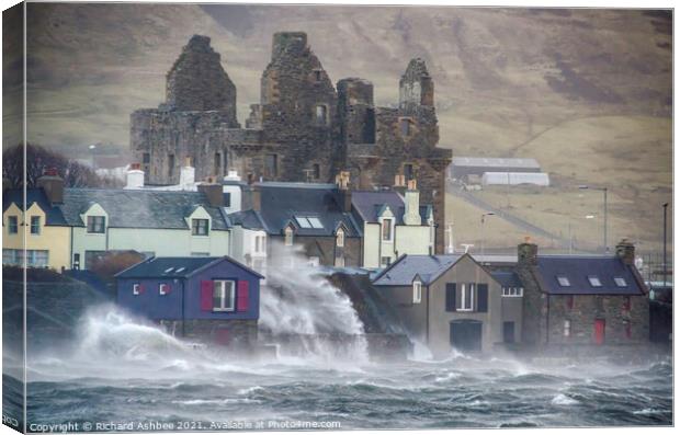 Stormy seas at Scalloway Castle Shetland Canvas Print by Richard Ashbee