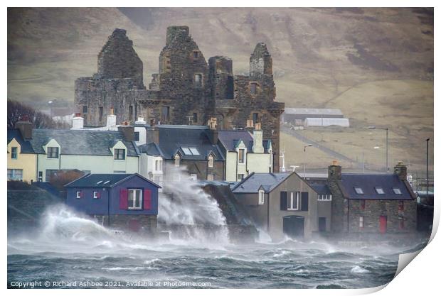 Stormy seas at Scalloway Castle Shetland Print by Richard Ashbee