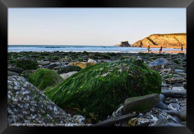 Colourful rock at sunset on Portreath beach. Framed Print by Sam Plowright