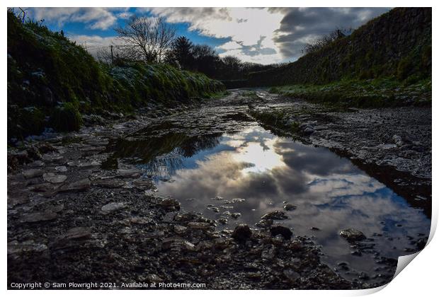 Reflection off of a puddle at Carn Marth Print by Sam Plowright