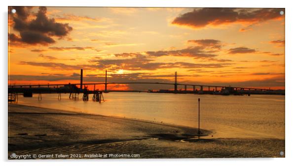 QEII Bridge (Dartford Crossing) and Thames estuary at sunset from Greenhithe, Kent, England, UK Acrylic by Geraint Tellem ARPS