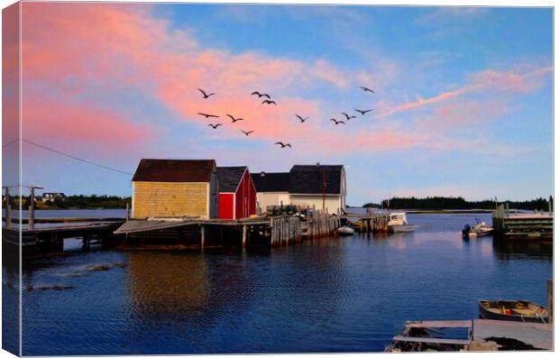 Setting Sun on a Fishing Village...Canada Canvas Print by Elaine Manley