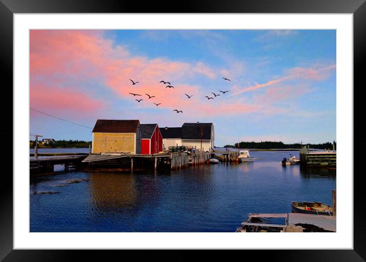 Setting Sun on a Fishing Village...Canada Framed Mounted Print by Elaine Manley