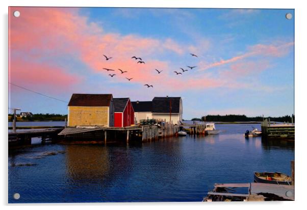 Setting Sun on a Fishing Village...Canada Acrylic by Elaine Manley