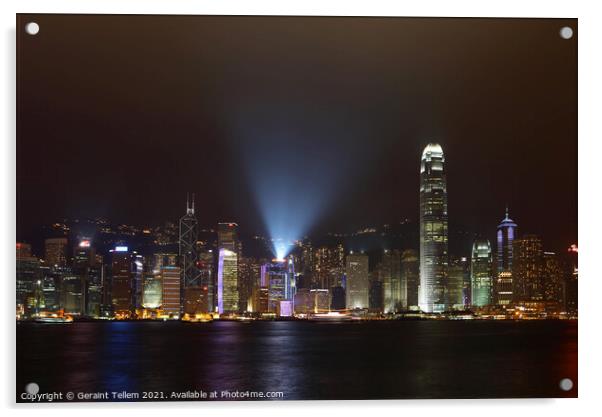 Hong Kong Island, Victoria Harbour waterfront including Two International Finance Centre, Hong Kong. Symphony of Lights display Acrylic by Geraint Tellem ARPS