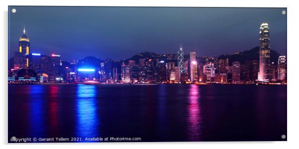 Hong Kong Island, Victoria Harbour waterfront including Hong Kong Convention and Exhibition Centre, and Central Plaza during A Symphony of Lights display. Acrylic by Geraint Tellem ARPS