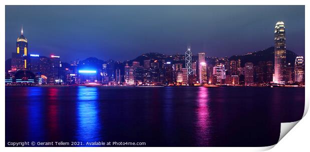 Hong Kong Island, Victoria Harbour waterfront including Hong Kong Convention and Exhibition Centre, and Central Plaza during A Symphony of Lights display. Print by Geraint Tellem ARPS