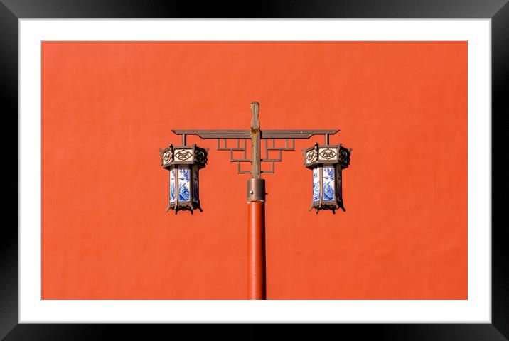 Old traditional porcelain lanterns in front of a red wall in Beijing, China Framed Mounted Print by Mirko Kuzmanovic