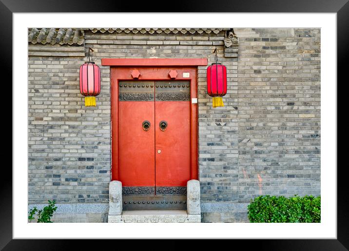 Traditional Hutong alley in Beijing, China, Vintage door with red lanterns Framed Mounted Print by Mirko Kuzmanovic
