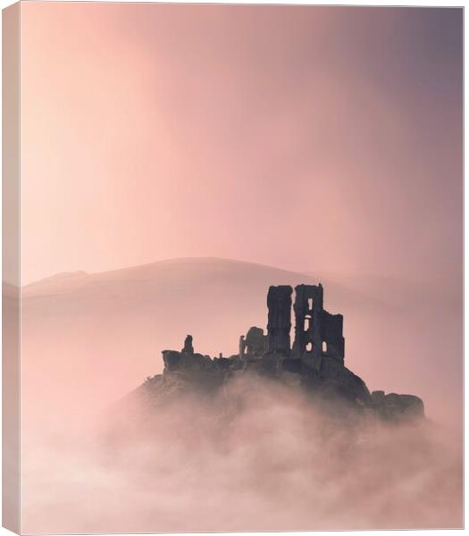 Corfe Castle Pink Mists Canvas Print by David Neighbour