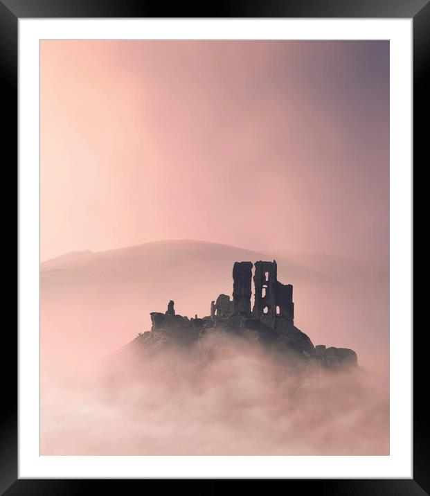 Corfe Castle Pink Mists Framed Mounted Print by David Neighbour