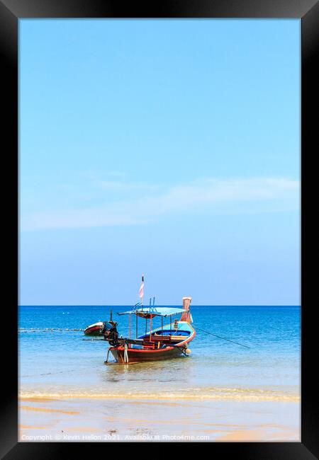 Long tail boat, tropical beach Framed Print by Kevin Hellon