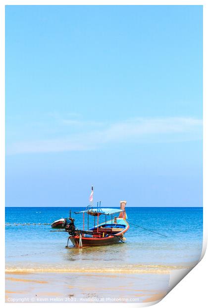 Long tail boat, tropical beach Print by Kevin Hellon