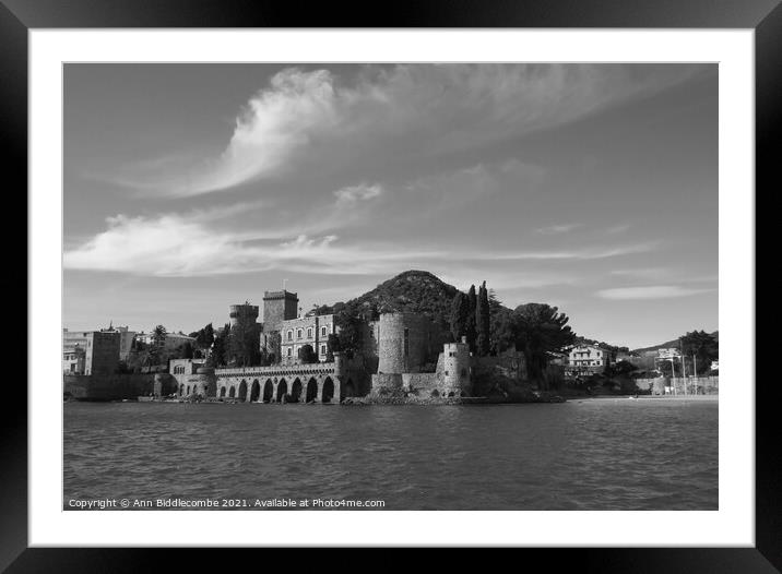 A view of the Chateau from the harbor in monochrom Framed Mounted Print by Ann Biddlecombe
