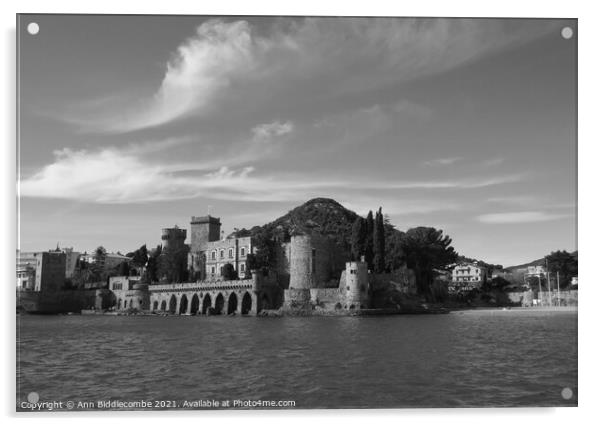 A view of the Chateau from the harbor in monochrom Acrylic by Ann Biddlecombe