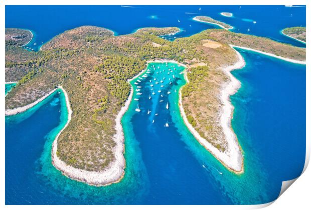 Aerial panoramic view of Palmizana, sailing cove and turquoise b Print by Dalibor Brlek