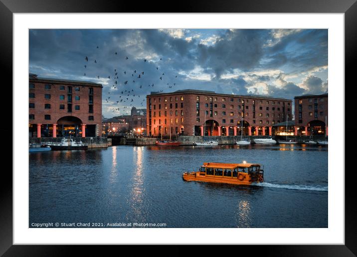 Albert Dock Liverpool at dusk with a yellow Duck M Framed Mounted Print by Travel and Pixels 