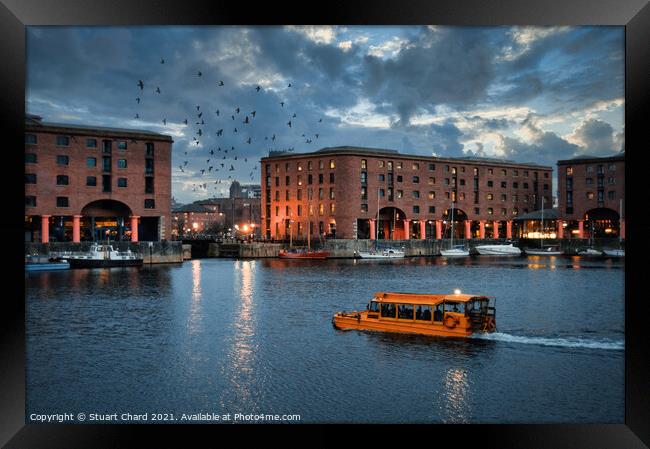 Albert Dock Liverpool at dusk with a yellow Duck M Framed Print by Stuart Chard