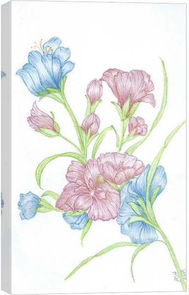 Blue & Red crayon flowers Canvas Print by Penelope Hellyer