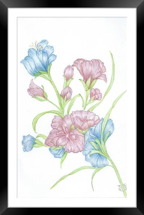 Blue & Red crayon flowers Framed Mounted Print by Penelope Hellyer