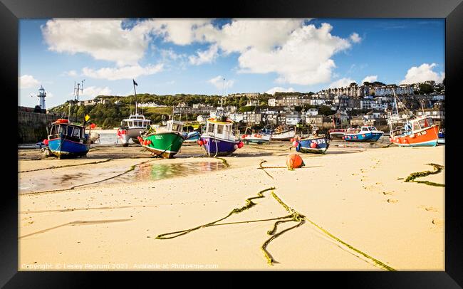 Boats in the St Ives Harbour Framed Print by Lesley Pegrum