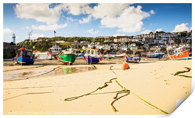 Boats in the St Ives Harbour Print by Lesley Pegrum