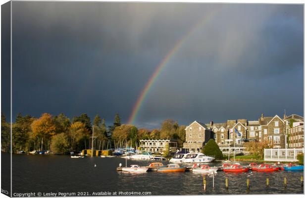 Rainbow on Lake Windermere Canvas Print by Lesley Pegrum
